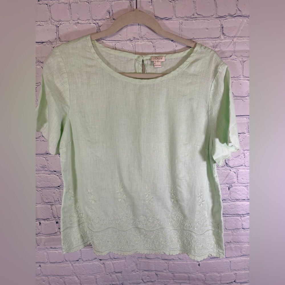 J. Crew Factory Embroidered Mint Scalloped Hem 100% Linen Crew Neck Blouse 6